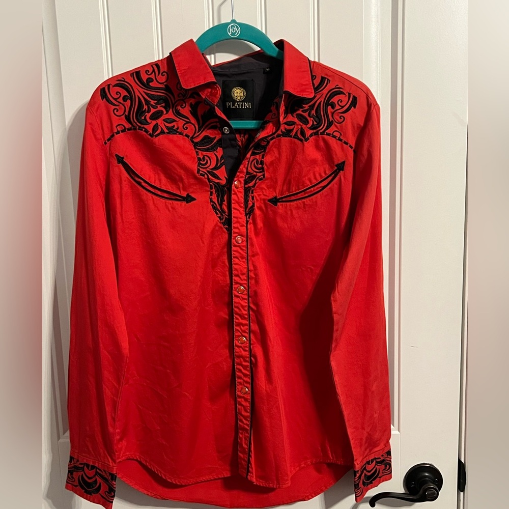 #5780. Platini Men's Red Pearl Snap Western Shirt w/Embroidery Detail. Size M